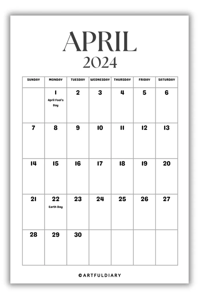 April Calendar 2024 Printable blank
