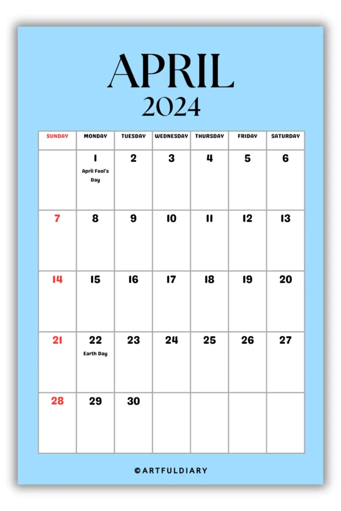free printable Calendar 2024 April blue background
