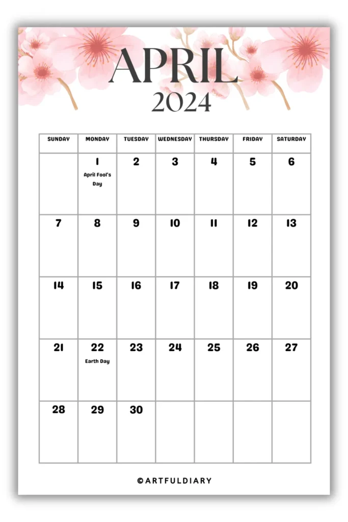 April Calendar 2024 Printable flowers background
