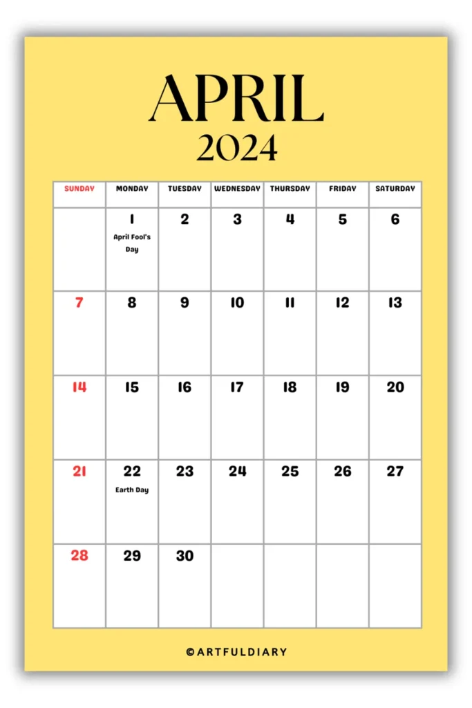 free printable Calendar 2024 April yellow background

