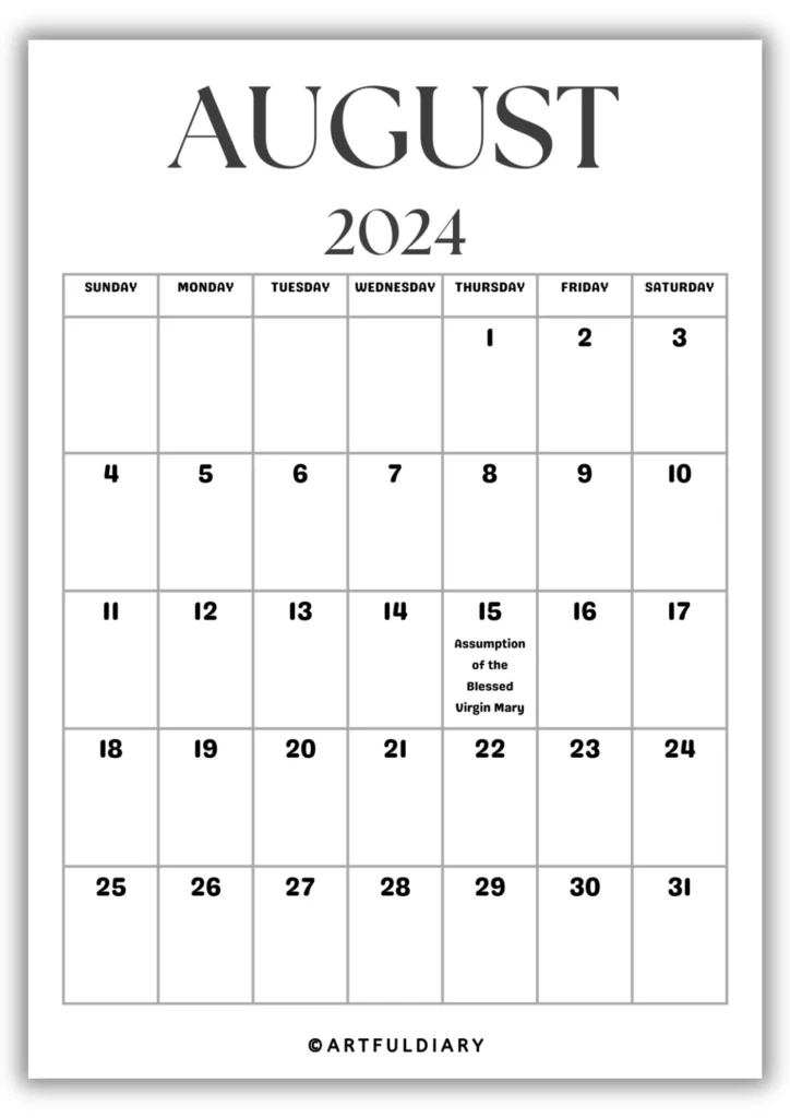 August Calendar 2024 Printable blank
