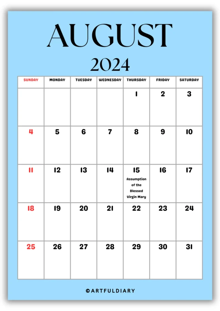free printable Calendar 2024 August blue background
