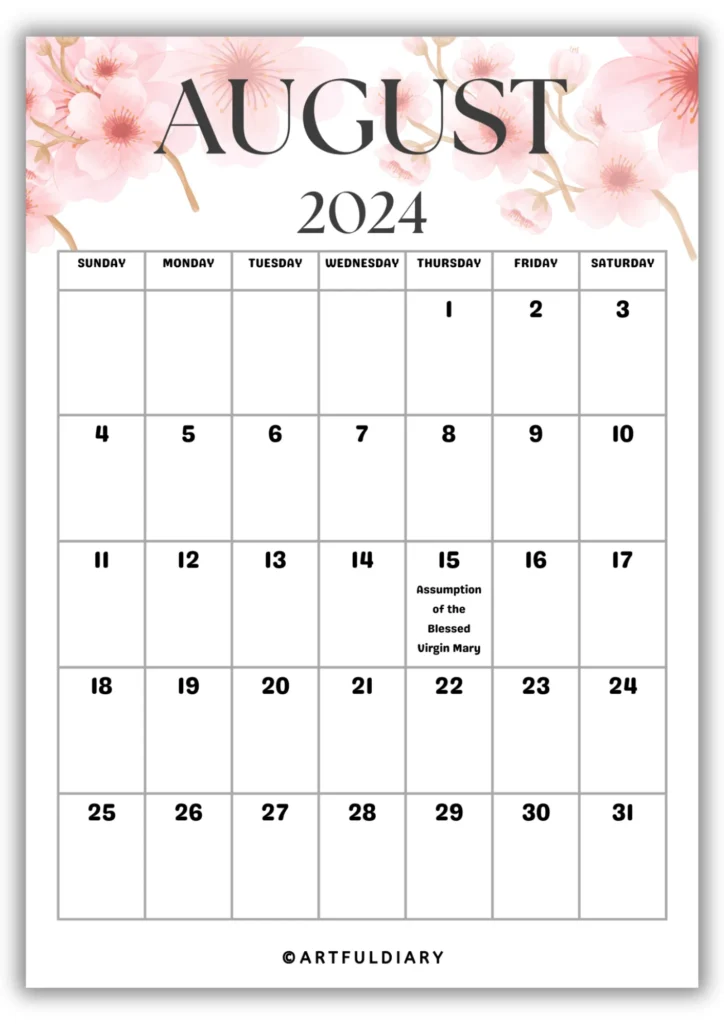 August Calendar 2024 Printable flowers background
