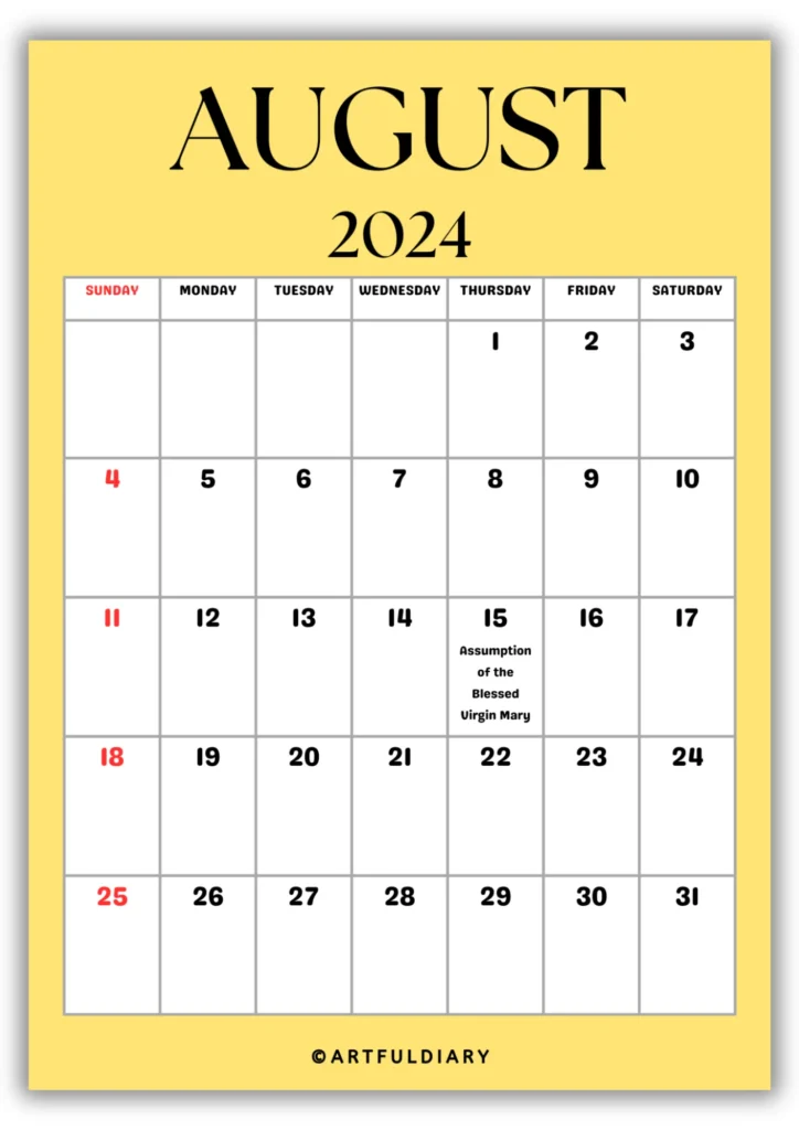 free printable Calendar 2024 August yellow background
