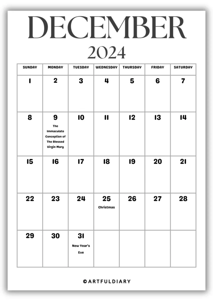 December Calendar 2024 Printable blank
