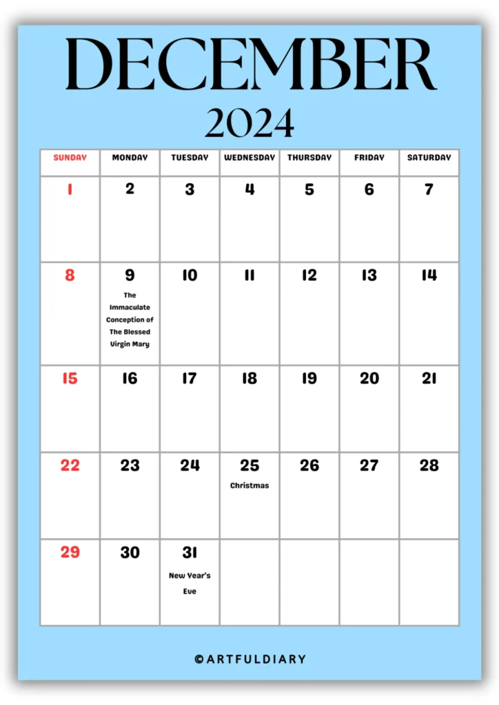 free printable Calendar 2024 December blue background
