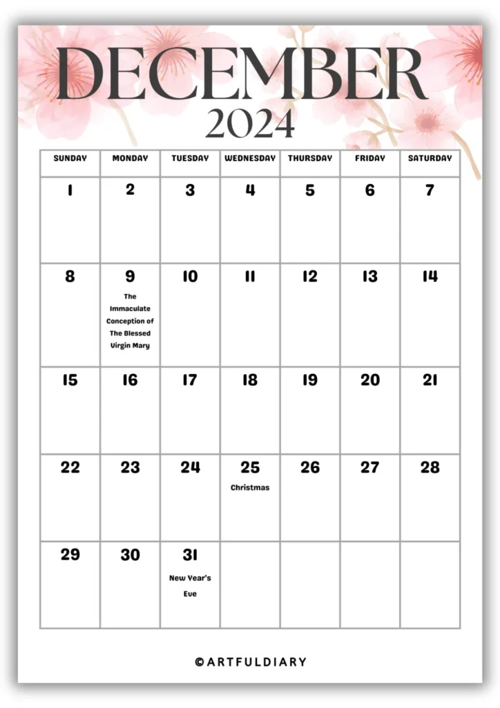 December Calendar 2024 Printable flowers background
