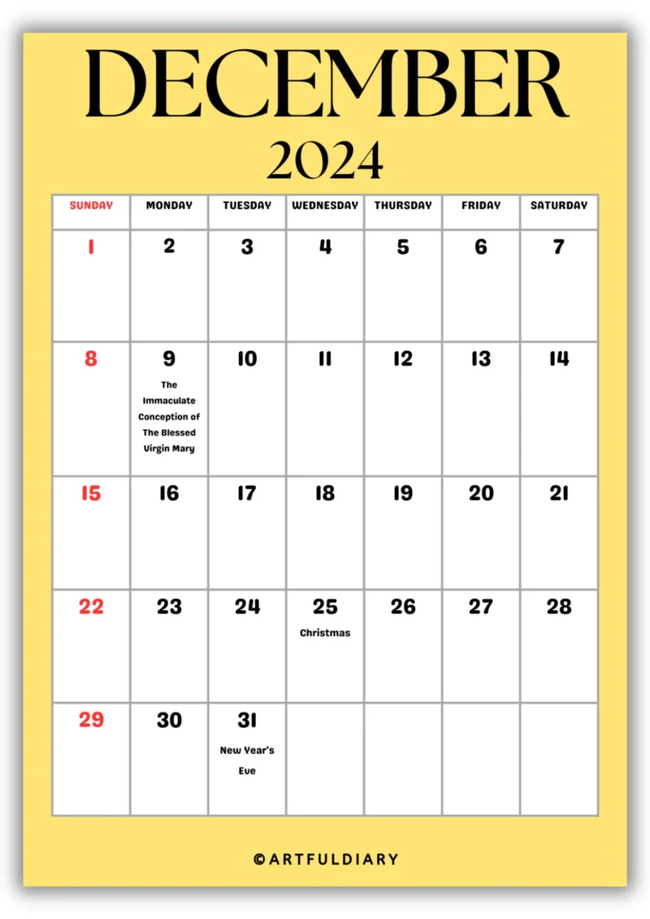 free printable Calendar 2024 December yellow background
