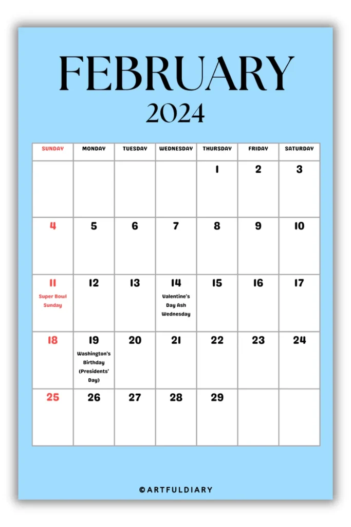 free printable Calendar 2024 February blue background
