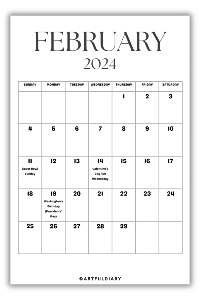 February Calendar 2024 Printable blank
