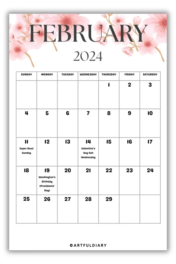 February Calendar 2024 Printable flowers background