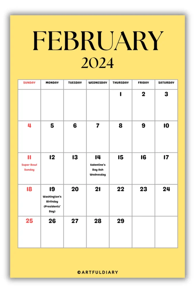 Free printable Calendar 2024 February yellow background
