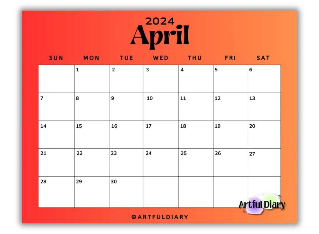 Orange background printable calendar for april (horizontal print)

