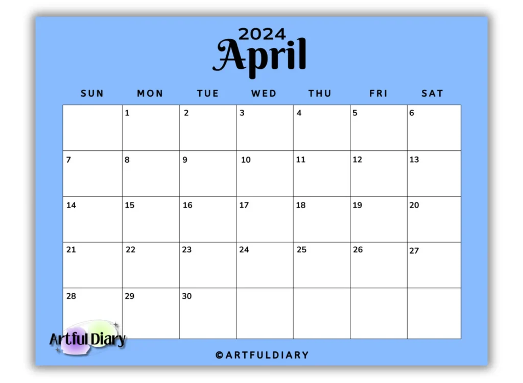 Blue printable calendar for April (horizontal print)
