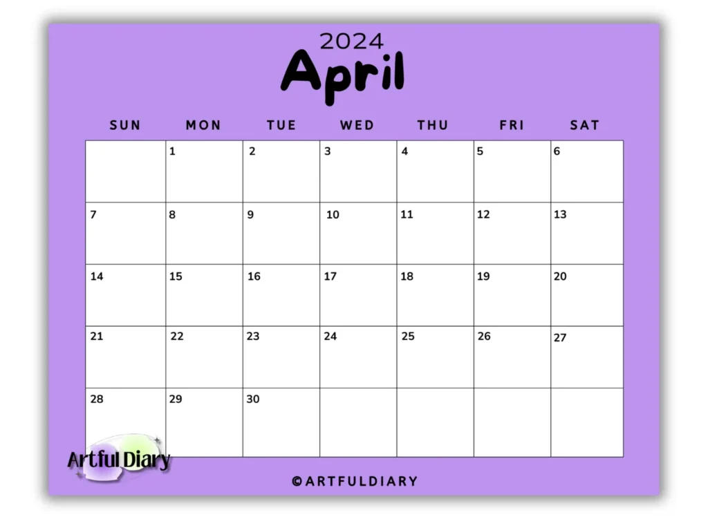 Purple Background april calendar template
(horizontal print)