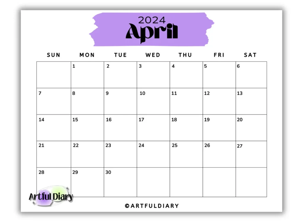 Purple Highlight april calendar template
(horizontal print)