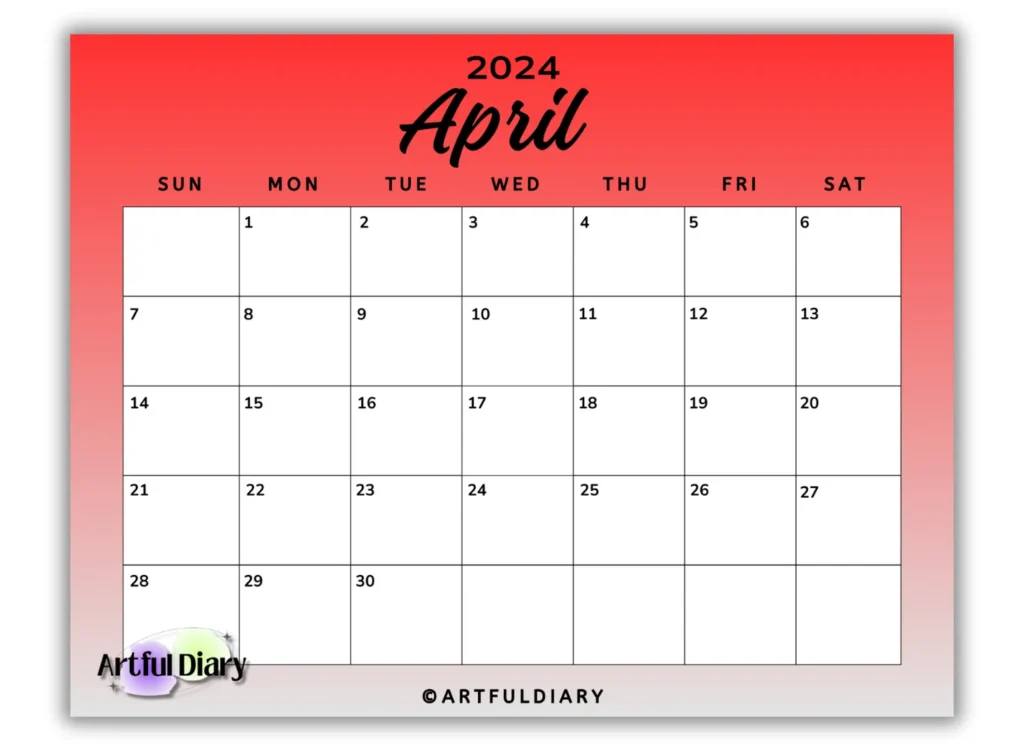 Red printable calendar for april (horizontal print)
