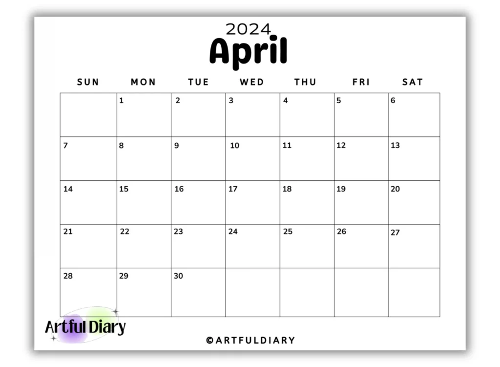 April Blank Calendar Template (horizontal print)