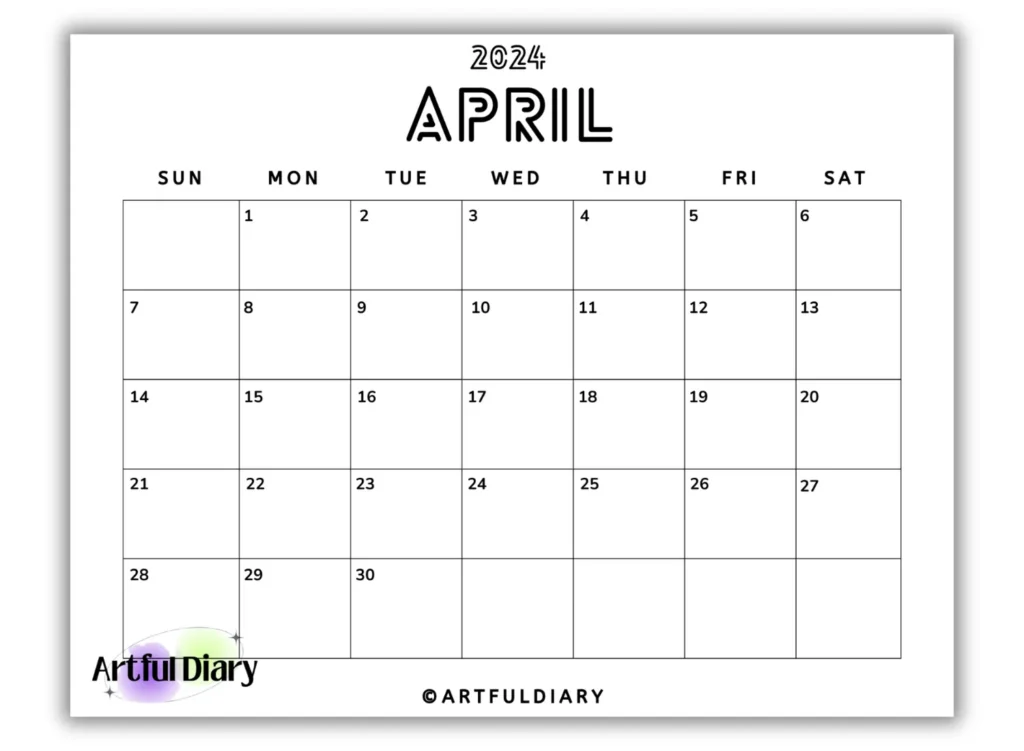 Black and white April Lined Font Calendar (horizontal print)
