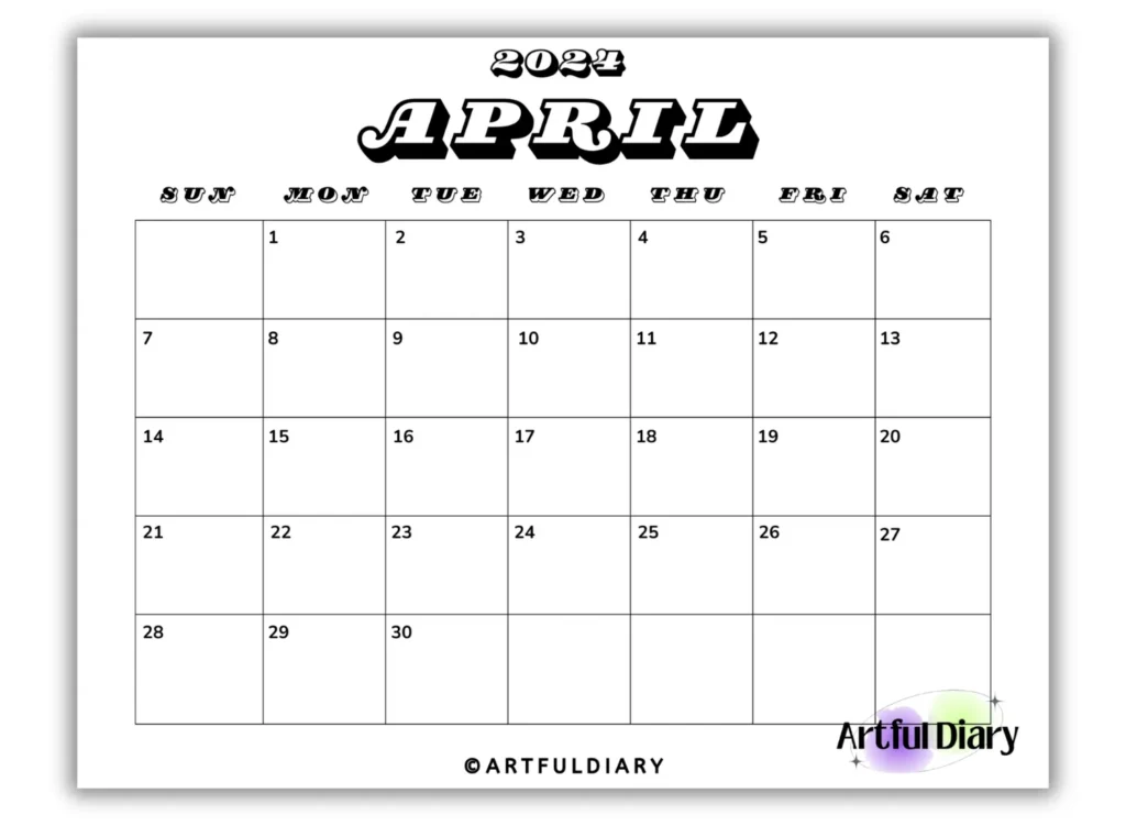 Black and white April Modern Font Calendar (horizontal print)
