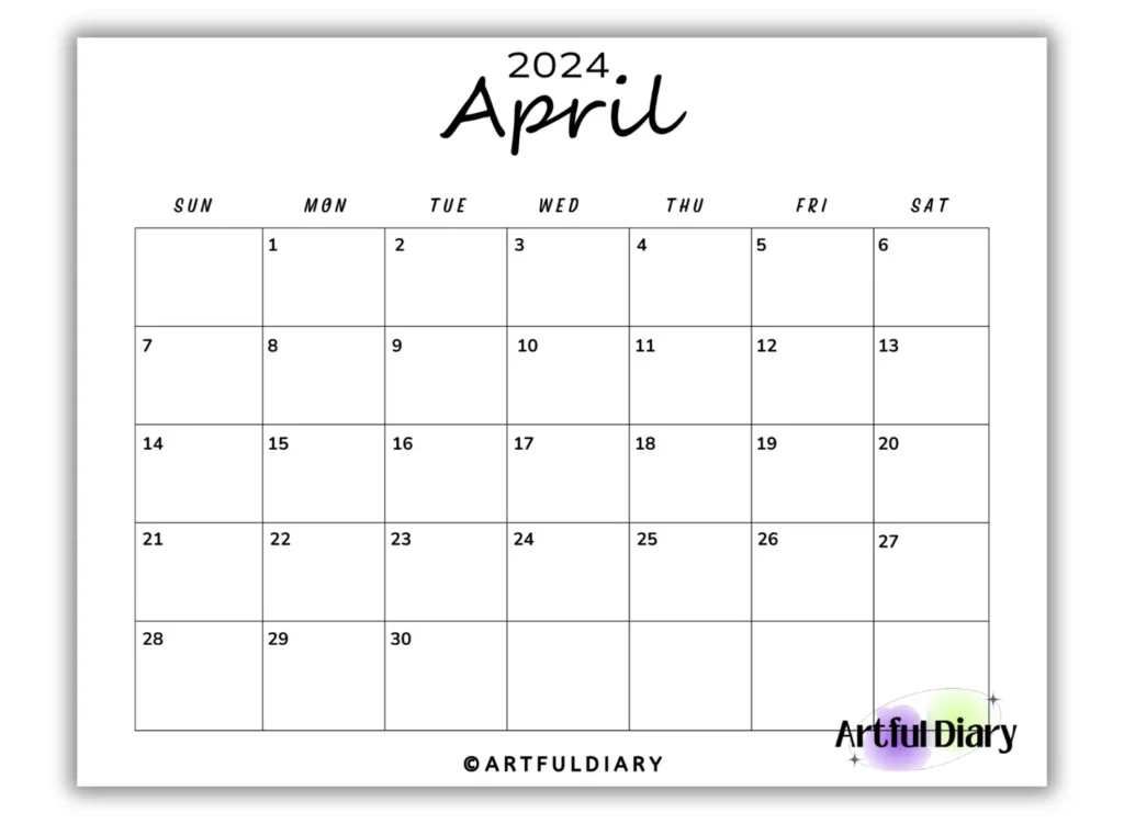 Black and white April Script Font Calendar
(horizontal print)