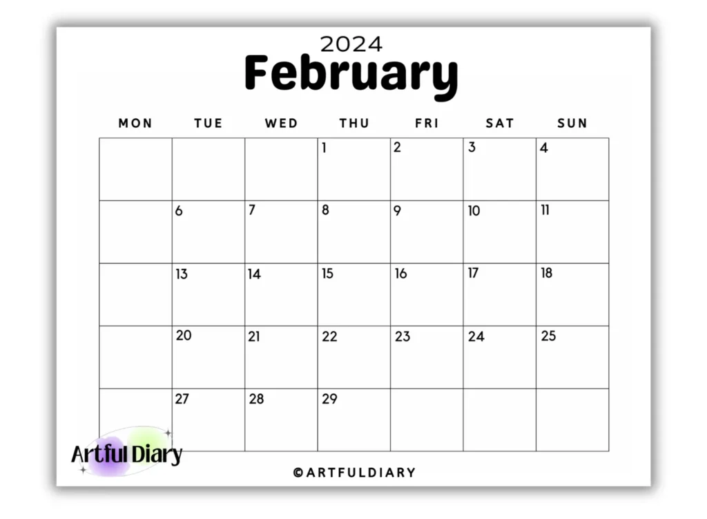 blank february calendar black and white horizontal