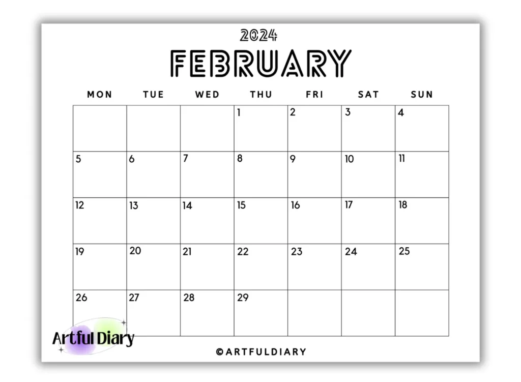 free lined Font printable calendar february 2024 horizontal design.