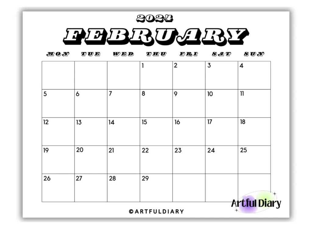 Black and White February Modern Font Calendar horizontal