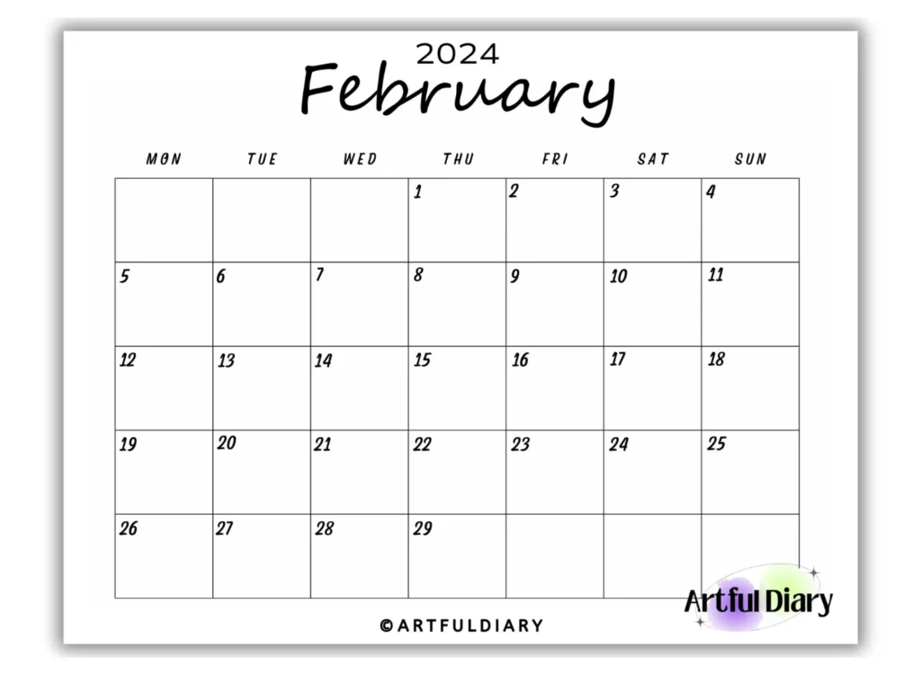 Black and White February Script Font Calendar horizontal