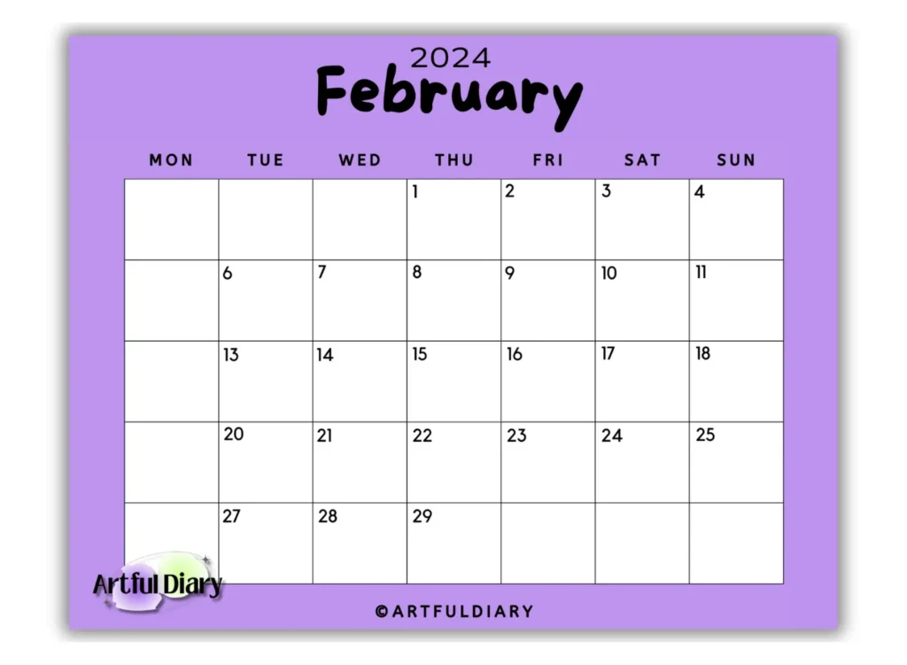 Purple Background february calendar template (horizontal)