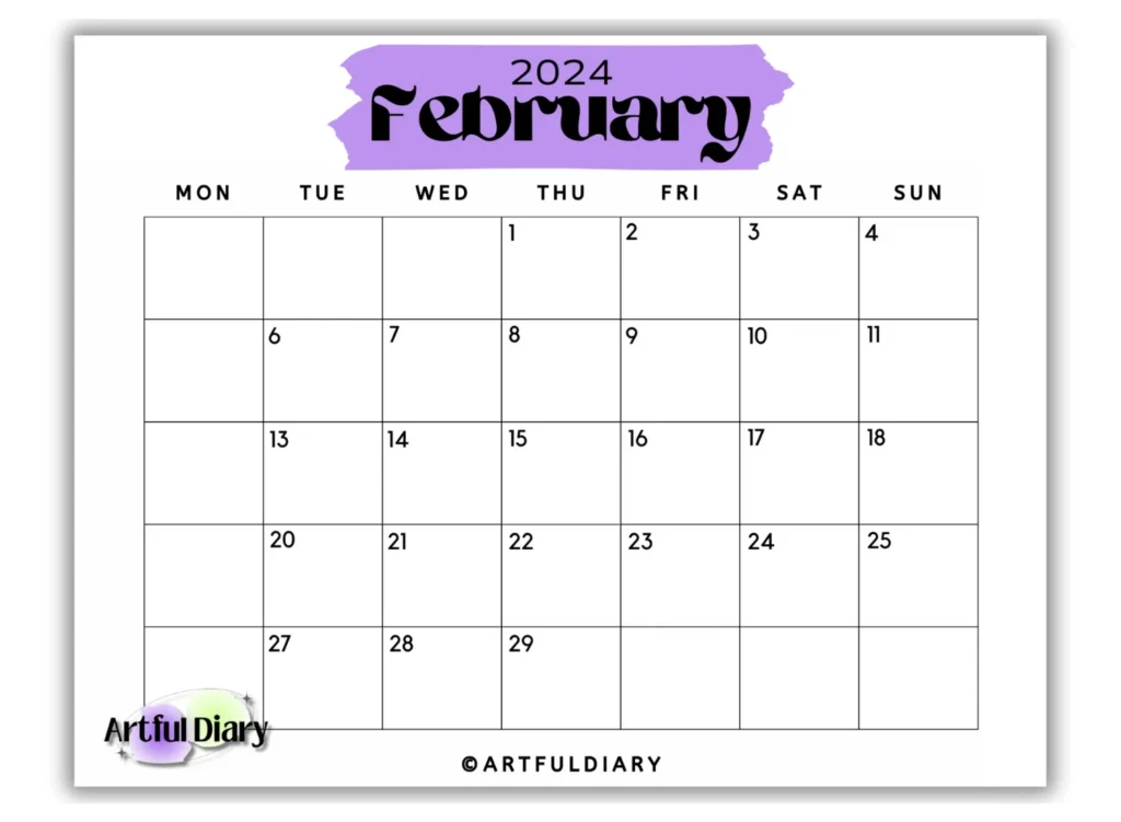 Purple Highlight February Calendar Template