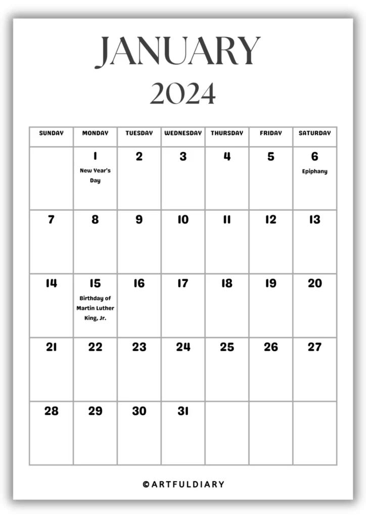 January Calendar 2024 Printable blank

