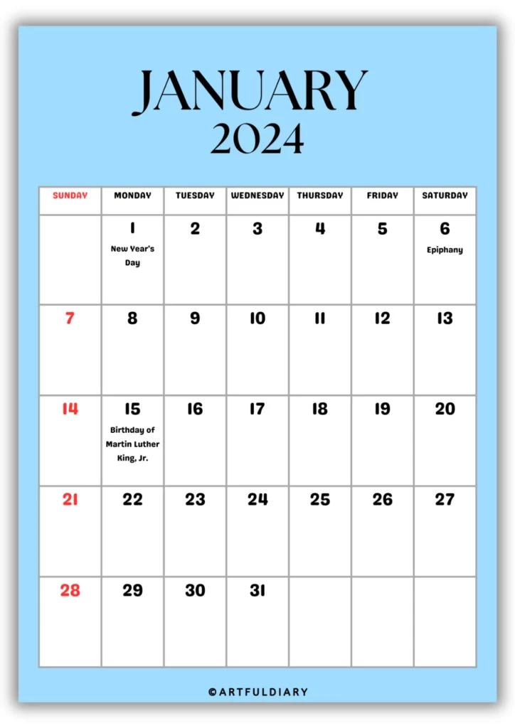 free printable Calendar 2024 January Blue background.
