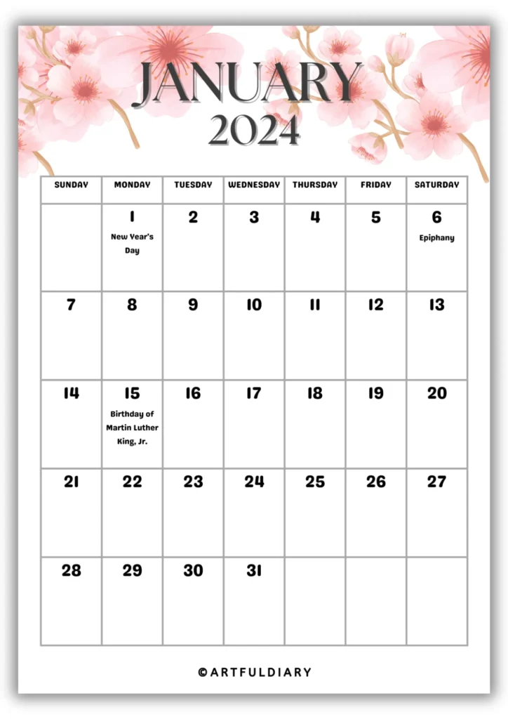 January Calendar 2024 Printable flowers background
