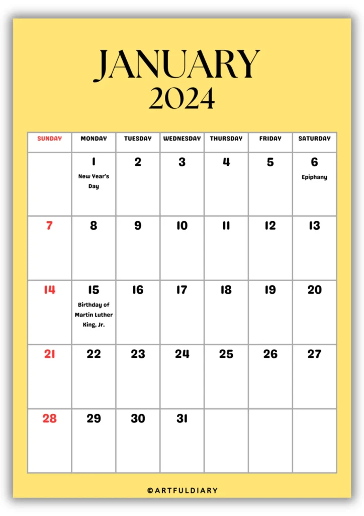 free printable Calendar 2024 January yellow background.
