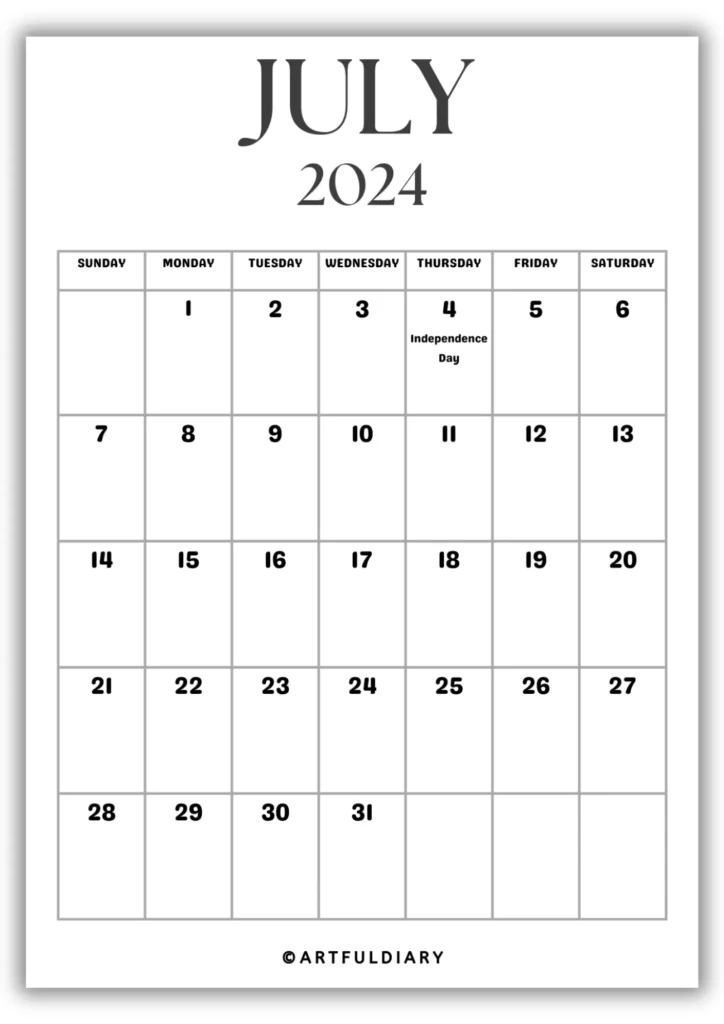 July Calendar 2024 Printable blank
