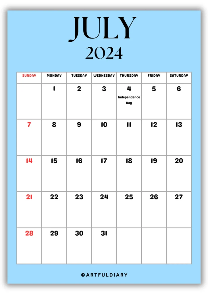 free printable Calendar 2024 July blue background
