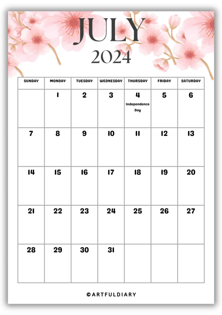July Calendar 2024 Printable flowers background
