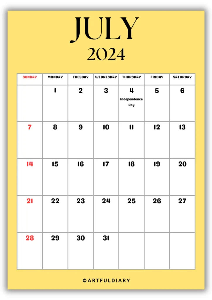 free printable Calendar 2024 July yellow background
