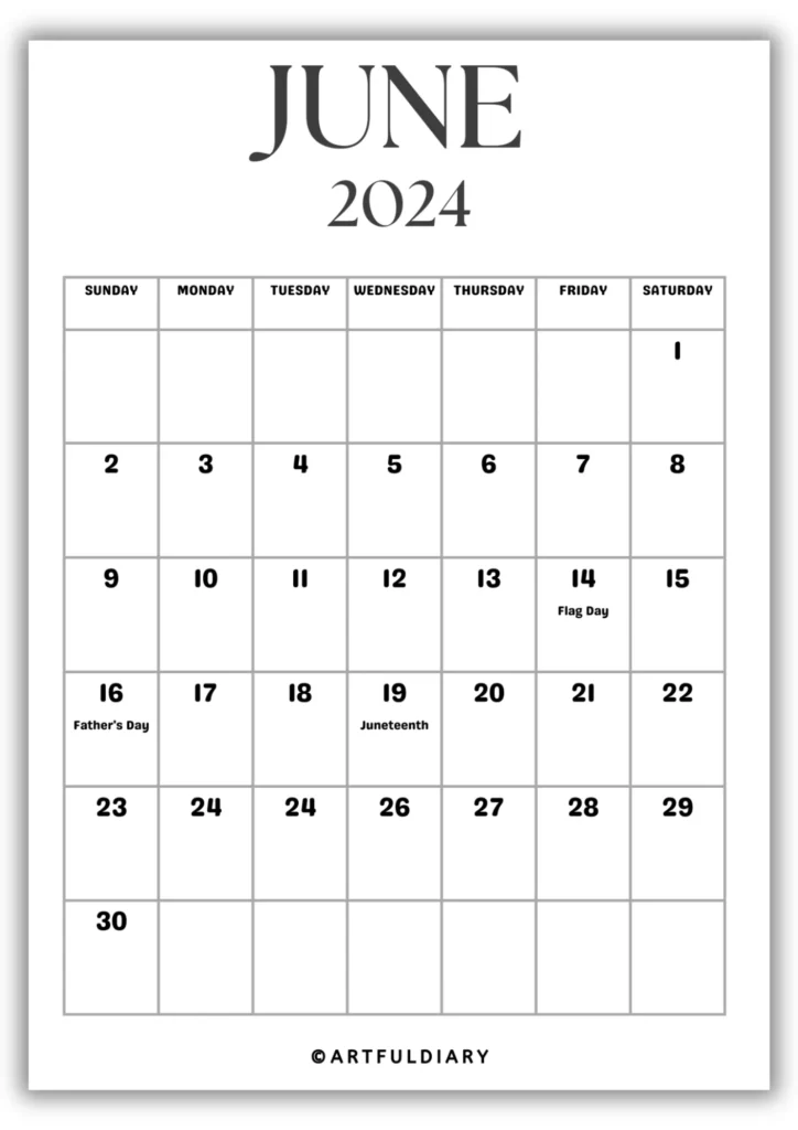 June Calendar 2024 Printable blank
