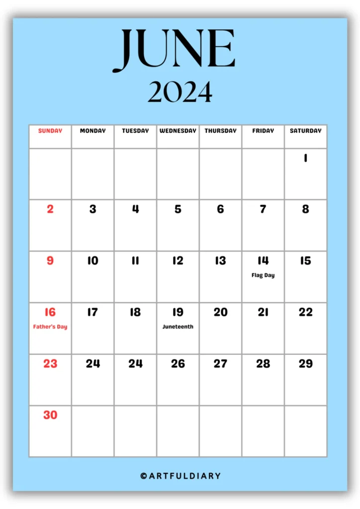 free printable Calendar 2024 June blue background
