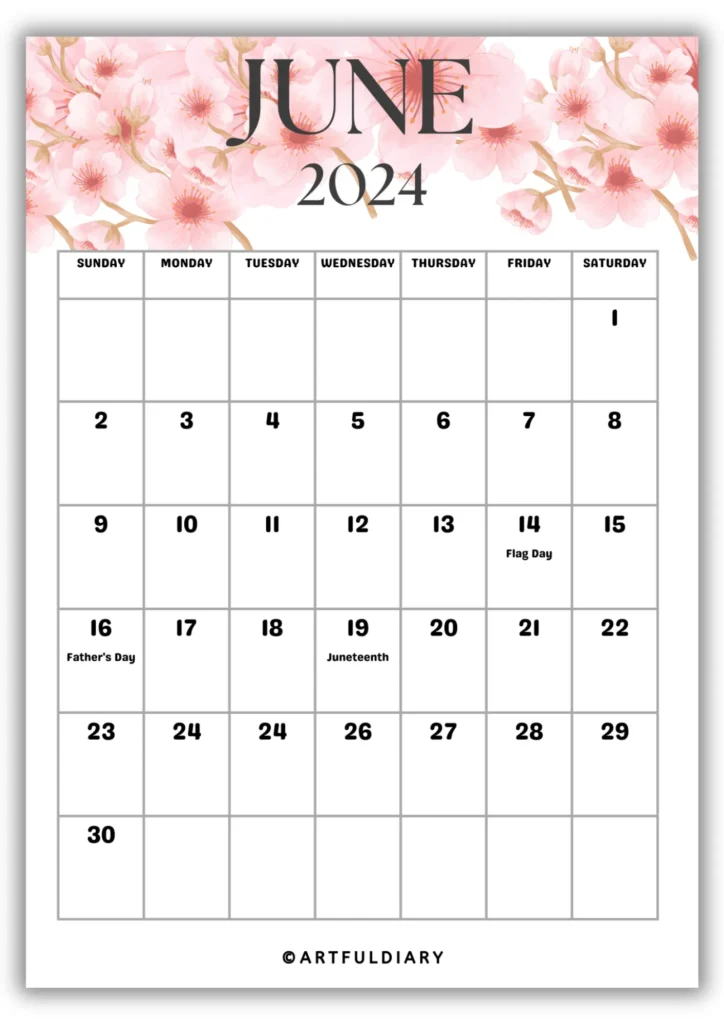 June Calendar 2024 Printable flowers background
