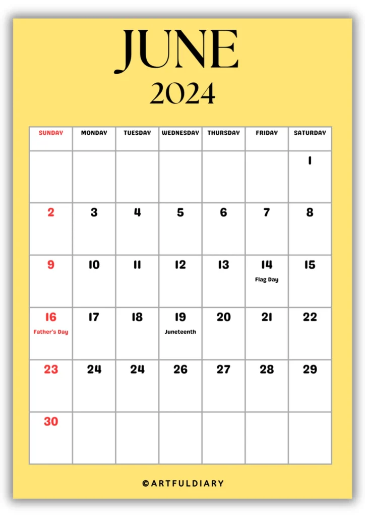 free printable Calendar 2024 June yellow background
