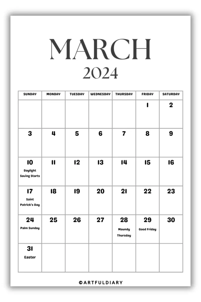 March Calendar 2024 Printable blank
