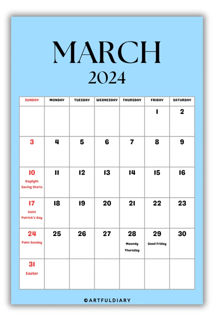 free printable Calendar 2024 March blue background

