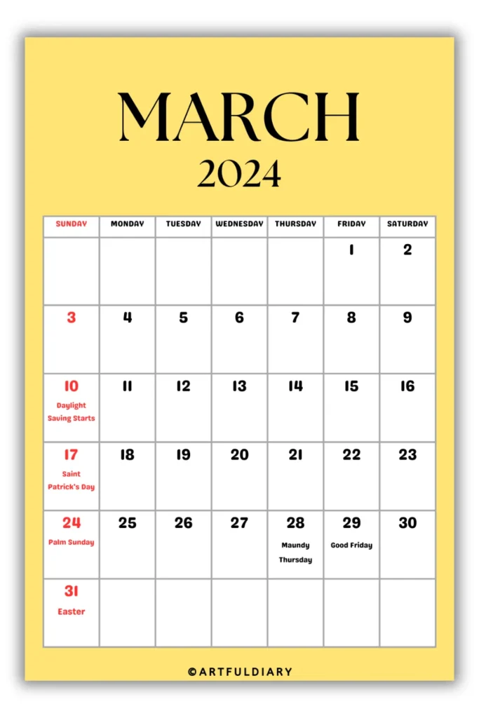 free printable Calendar 2024 March yellow background
