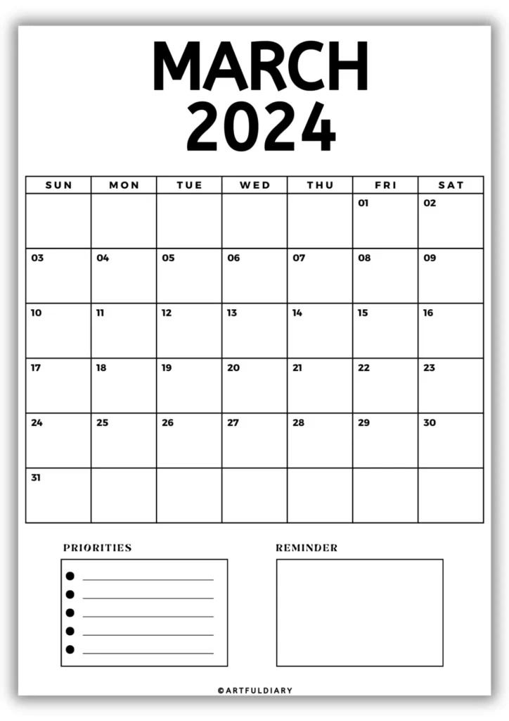 blank march calendar printable (vertical size a4)