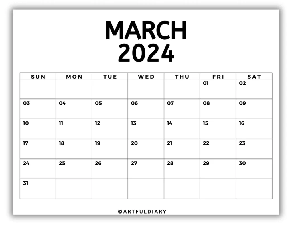 blank march calendar printable (horizontal size 11* 8.5 in)