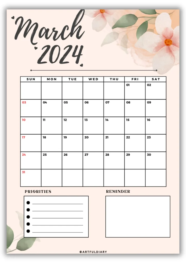 free march calendar 2024 printable Flowers background (vertical size a4)