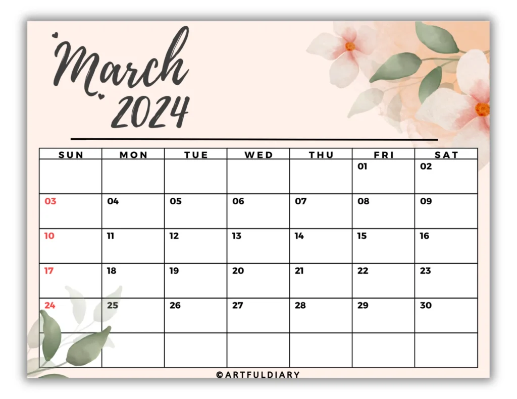 free march calendar 2024 printable Flowers background (horizontal size 11* 8.5 in)
